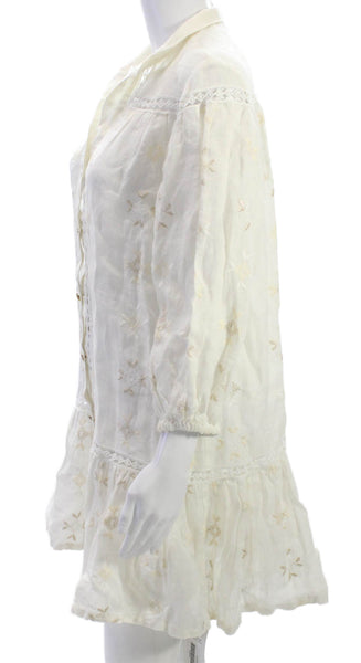 Queen Moda Womens Shirt Dress Ivory Linen Collared 3/4 Sleeve Button Size S