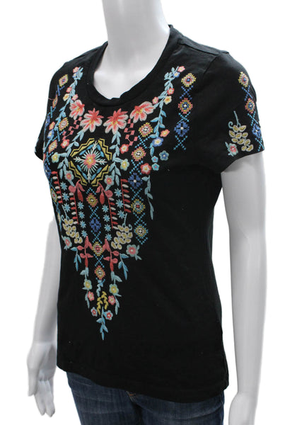 Driftwood Womens Basic Floral Black Cotton Crewneck Short Sleeve T-Shirt Size XS