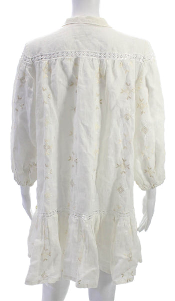 Queen Moda Womens Shirt Dress Ivory Linen Collared 3/4 Sleeve Button Size S