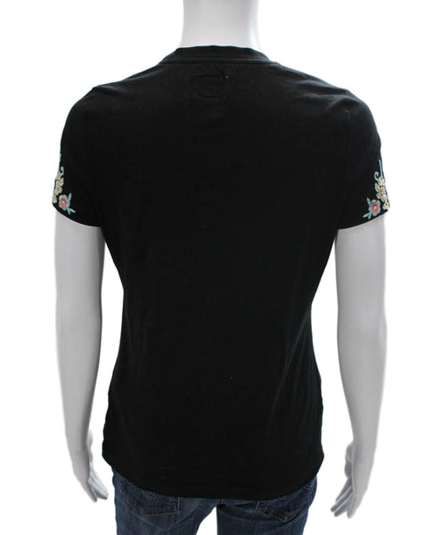 Driftwood Womens Basic Floral Black Cotton Crewneck Short Sleeve T-Shirt Size XS