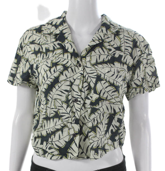 ONIA Women Cropped Button-Up Floral Ivory Short Sleeve Size XS Petite