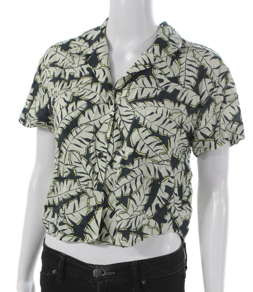 ONIA Women Cropped Button-Up Floral Ivory Short Sleeve Size XS Petite