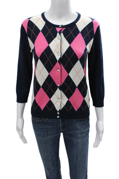 Carole Little Women Cardigan Multicolor Argyle Cotton 3/4 Sleeve Size S