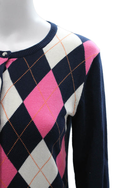 Carole Little Women Cardigan Multicolor Argyle Cotton 3/4 Sleeve Size S