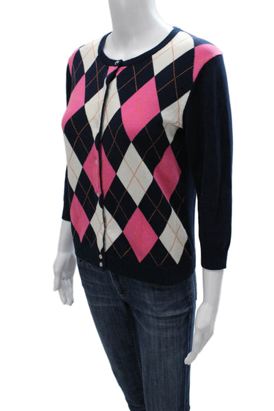 Carole Little Women Cardigan Multicolor Argyle Cotton 3/4 Sleeve Size S