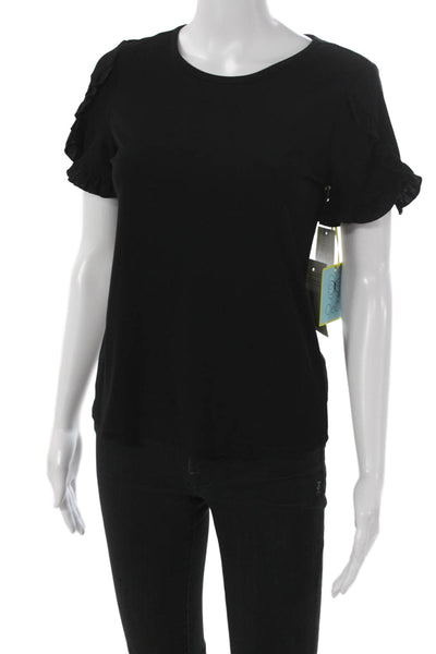 CeCe Women T-Shirt Black Round Neck Short Sleeve Polyester Spandex Size XS