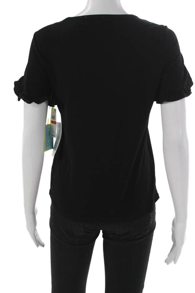 CeCe Women T-Shirt Black Round Neck Short Sleeve Polyester Spandex Size XS