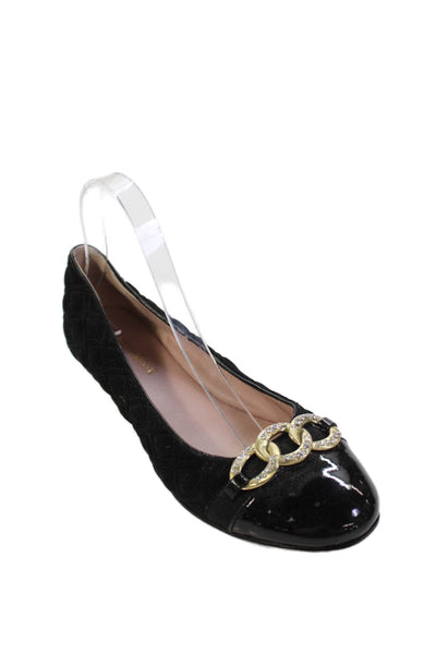 Taryn Rose Womens Suede Quilted Rhinestoned Chain Detail Flats Black Size 7.5