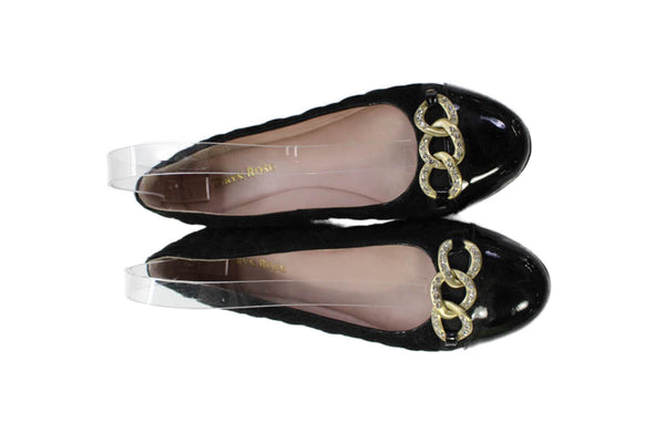 Taryn Rose Womens Suede Quilted Rhinestoned Chain Detail Flats Black Size 7.5