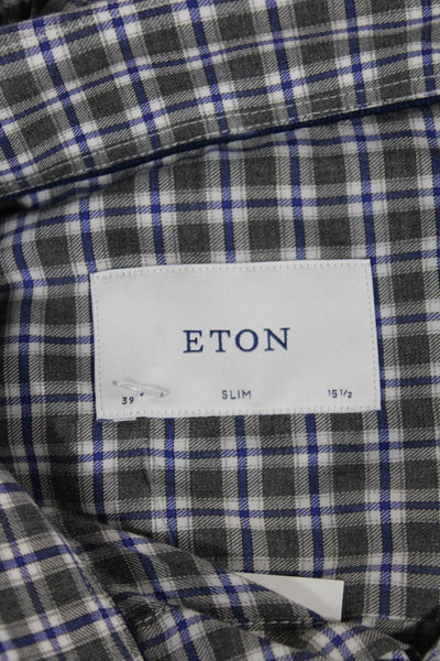 Eton Mens Plaid Collared Long Sleeve Cotton Button-Up Shirt Gray Size XL