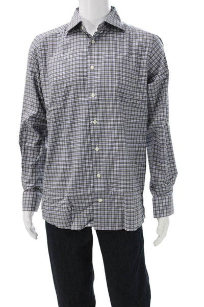 Eton Mens Plaid Cotton Collared Button Up Shirt Gray Long Sleeve Size XL