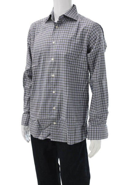 Eton Mens Plaid Cotton Collared Button Up Shirt Gray Long Sleeve Size XL