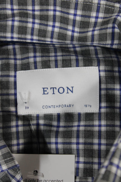 Eton Mens Plaid Cotton Collared Button Up Shirt Gray Long Sleeve Size XL