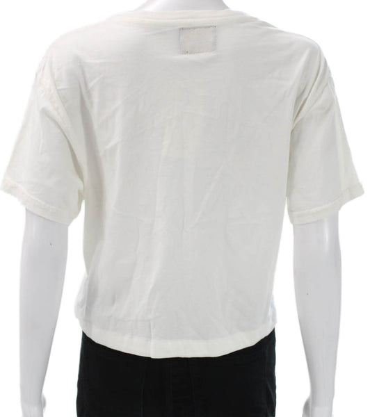Retro Brand Womens Cropped White Cotton T-Shirt Crew Neck Short Sleeve Size S