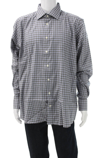 Eton Mens Gray Plaid Collared 100% Cotton Long Sleeve Shirt Size XL