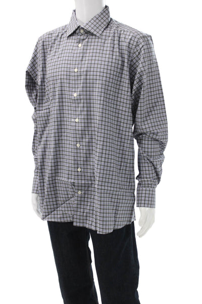 Eton Mens Gray Plaid Collared 100% Cotton Long Sleeve Shirt Size XL