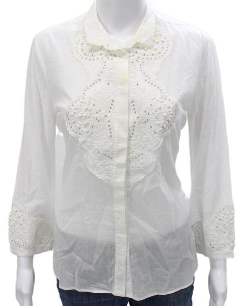 Roberto Cavalli Women Basic Cotton Collared Blouse White 3/4 Sleeve Size S