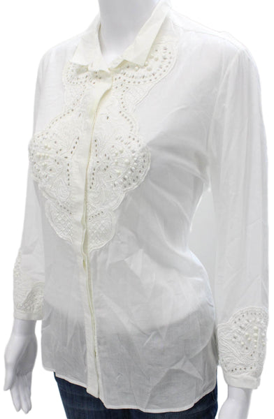 Roberto Cavalli Women Basic Cotton Collared Blouse White 3/4 Sleeve Size S