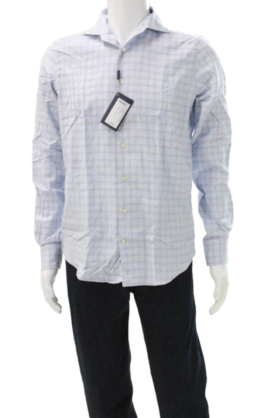 Emanuel Berg Mens Collared Button-Up Check Shirt Blue Cotton Long Sleeve Size S