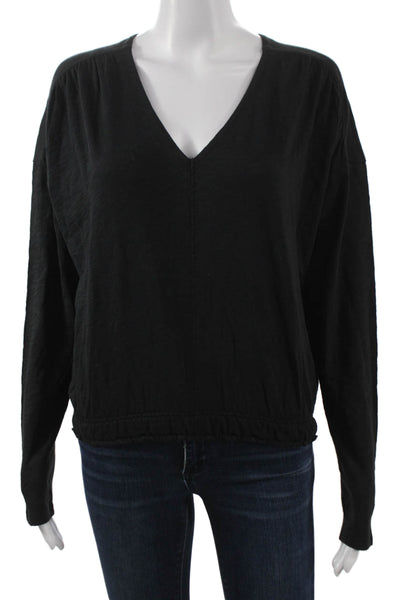 Lilla P Women Black Cotton V-Neck Long Sleeve Basic T-Shirt Size M