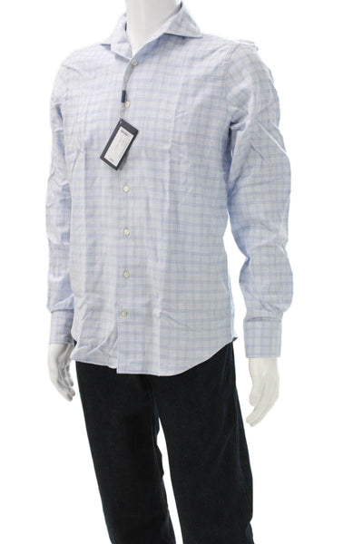 Emanuel Berg Mens Collared Button-Up Check Shirt Blue Cotton Long Sleeve Size S