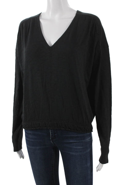 Lilla P Women Black Cotton V-Neck Long Sleeve Basic T-Shirt Size M