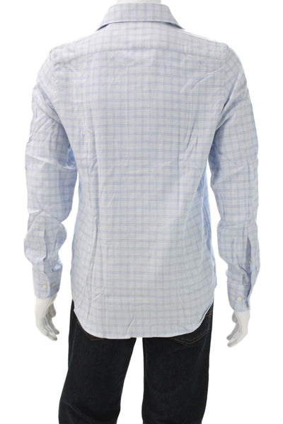 Emanuel Berg Mens Collared Button-Up Check Shirt Blue Cotton Long Sleeve Size S