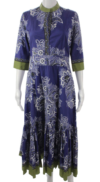 Etro Women Maxi Dress Blue Floral Cotton Collared 3/4 Sleeve Long Zip Size 44