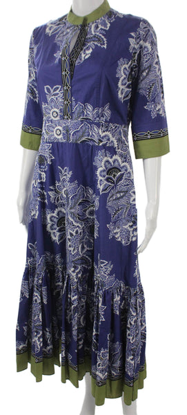 Etro Women Maxi Dress Blue Floral Cotton Collared 3/4 Sleeve Long Zip Size 44