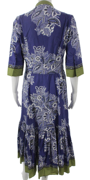 Etro Women Maxi Dress Blue Floral Cotton Collared 3/4 Sleeve Long Zip Size 44
