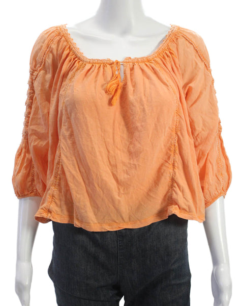 Anthropologie Women Orange Cotton Scoop Neck 3/4 Sleeve Blouse Petite Size 2XS