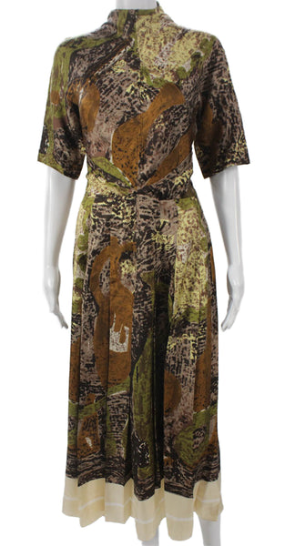 Celine Women Maxi Silk Brown High Neck Short Sleeve Dress Size 42