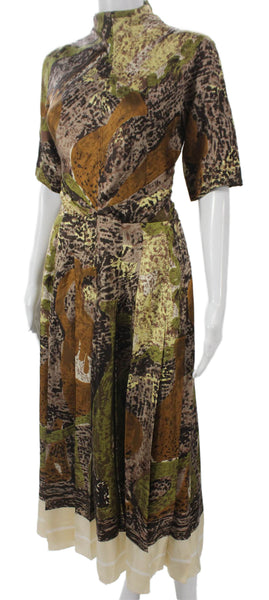 Celine Women Maxi Silk Brown High Neck Short Sleeve Dress Size 42