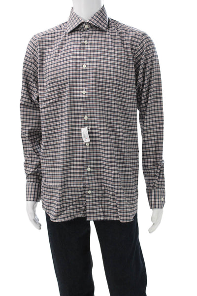 Eton Mens Blue Check Cotton Collared Long Sleeve Button-Up Shirt Size L
