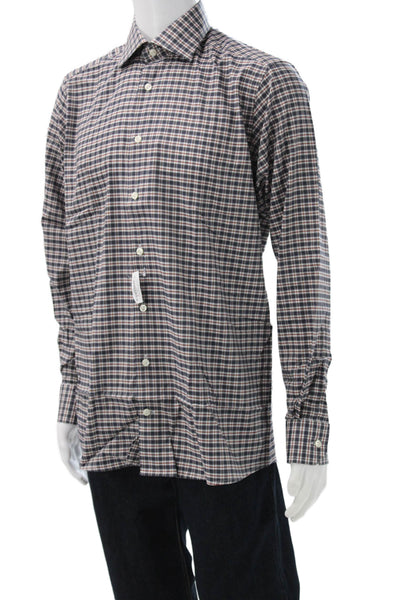 Eton Mens Blue Check Cotton Collared Long Sleeve Button-Up Shirt Size L