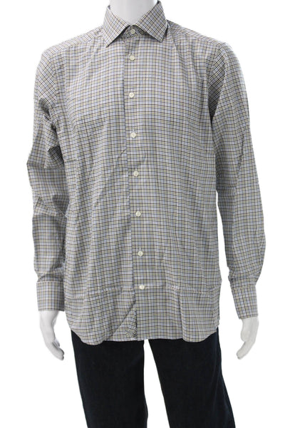 Eton Men's Blue Plaid Cotton Button Down Long Sleeve Shirt Size L