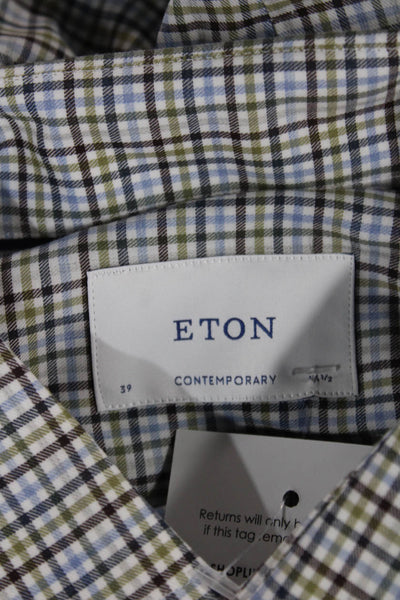 Eton Men's Blue Plaid Cotton Button Down Long Sleeve Shirt Size L