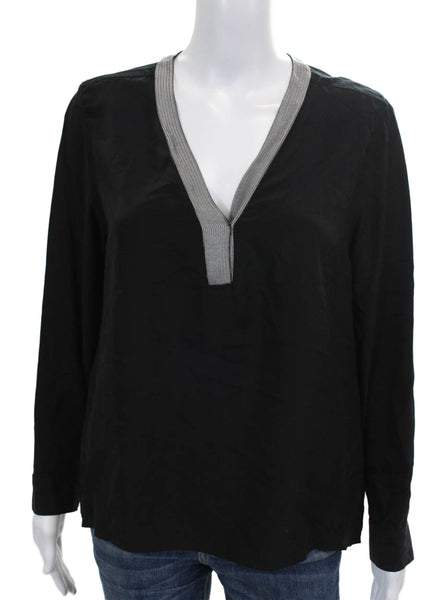Sandro Womens Silk V-Neck Tunic Blouse Black Long Sleeve Size 2