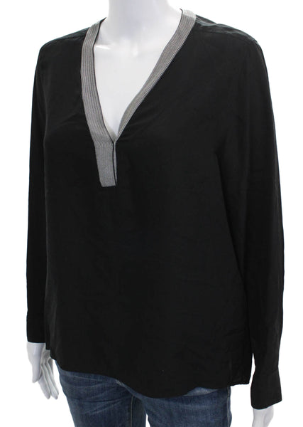 Sandro Womens Silk V-Neck Tunic Blouse Black Long Sleeve Size 2