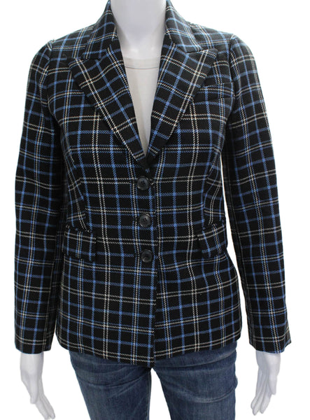 Michael Kors Collection Women Wool Plaid Blazer Black Button Long Sleeve Size 0