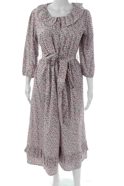 Pink City Prints Women Shirt Dress White Cotton Floral Collared Button Size 30