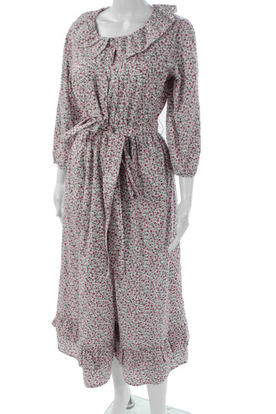 Pink City Prints Women Shirt Dress White Cotton Floral Collared Button Size 30