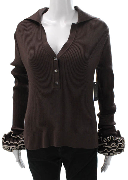Theo Womens Petite Henley Wool Collared Long Sleeve Solid Sweater Brown Size XS