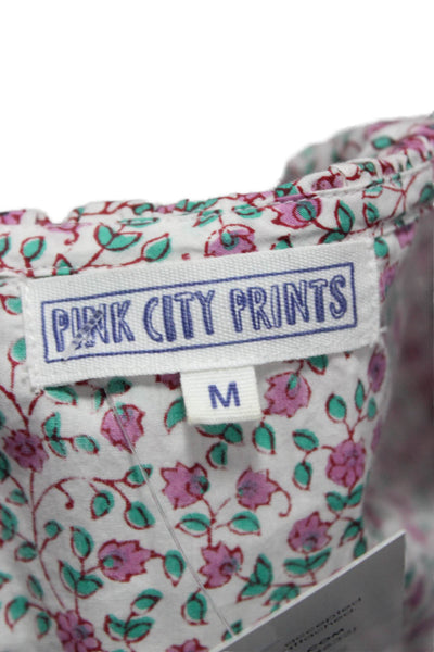 Pink City Prints Women Shirt Dress White Cotton Floral Collared Button Size 30