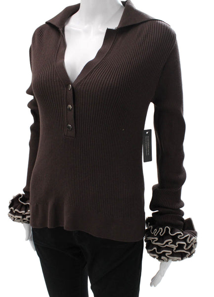 Theo Womens Petite Henley Wool Collared Long Sleeve Solid Sweater Brown Size XS
