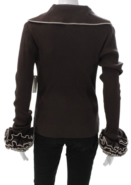 Theo Womens Petite Henley Wool Collared Long Sleeve Solid Sweater Brown Size XS