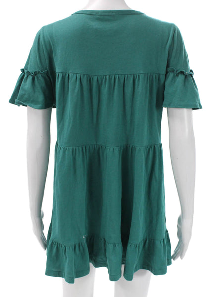 J Crew Women Green Trapeze Swing Dress Short Sleeve Cotton Size S