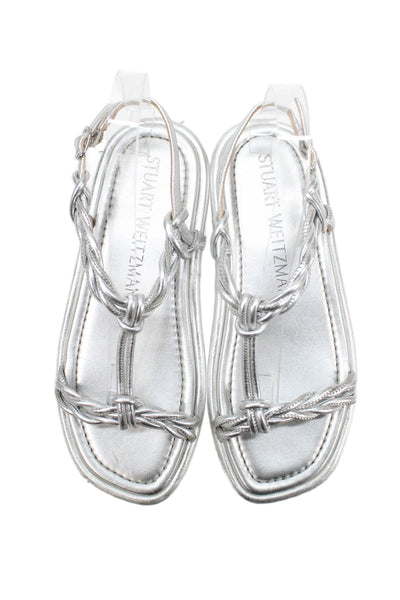 Stuart Weitzman Womens Leather Twisted Strap Sandals Silver Size 6.5 B