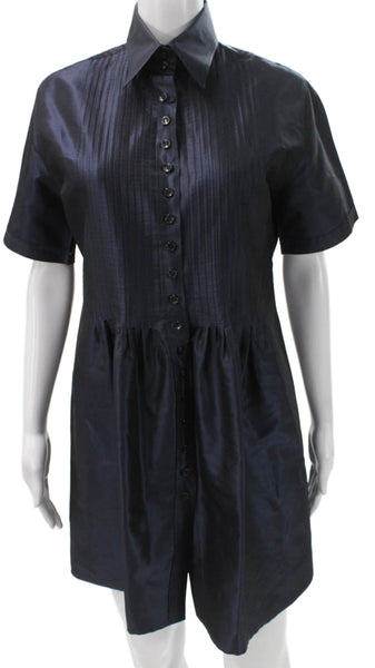 Pauw Womens Shirt Dress Blue Short Sleeve Collared Button Poly Blend Size S