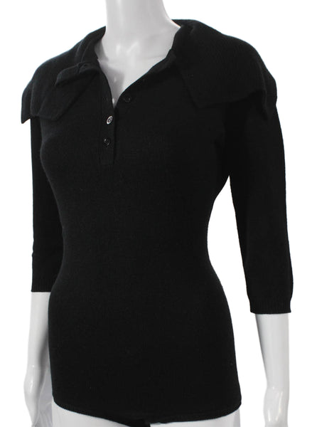 Christian Dior Women Cashmere Pullover Sweater Black Collared 3/4 Sleeve Size S